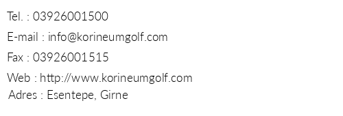 Korineum Golf & Country Club telefon numaralar, faks, e-mail, posta adresi ve iletiim bilgileri